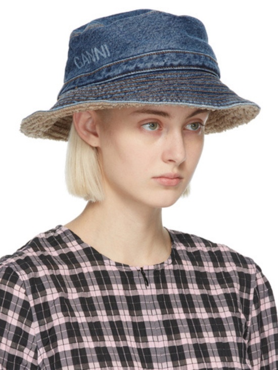 NEW Ganni Logo Organic Cotton Denim Bucket Hat XS/S main image 4